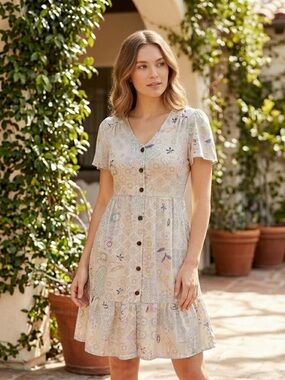 Monteau Los Angeles Patchwork Floral Button Front Boho Dress
